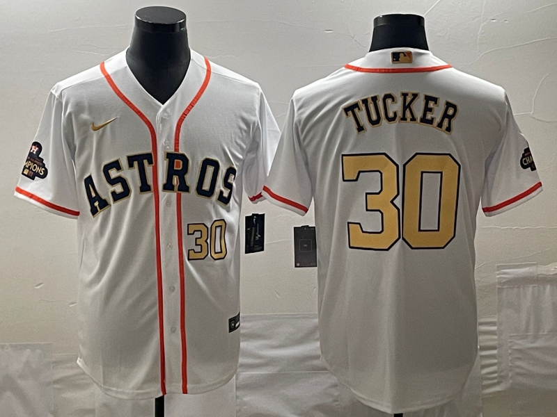 Men's Houston Astros #30 Kyle Tucker White 2023 Gold Collection With World Serise Champions Patch Cool Base Stitched Baseball Jersey Men's Houston Astros #30 Kyle Tucker White 2023 Gold Collection With World Serise Champions Patch Cool Base Stitched Baseball Jersey